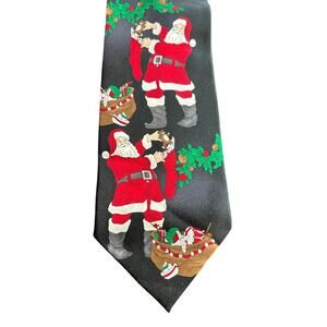 Men’s Silk Novelty Tie- Santa holiday Christmas toy bag- red green OSFM Hallmark